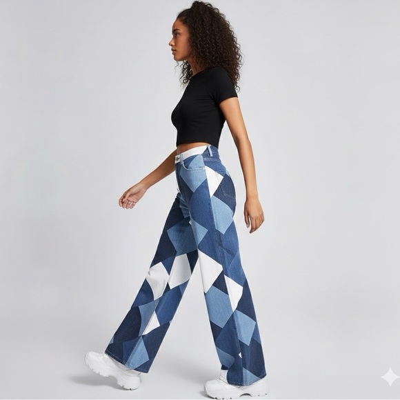 Diamond Patchwork Jesns Wide-Leg Denim – Statement Edition - Picture 8 of 14